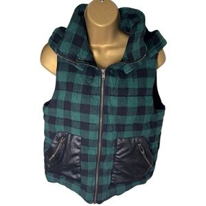 Double Zero Buffalo Plaid Puffer Vest Hooded Faux Leather Pockets Green Black M